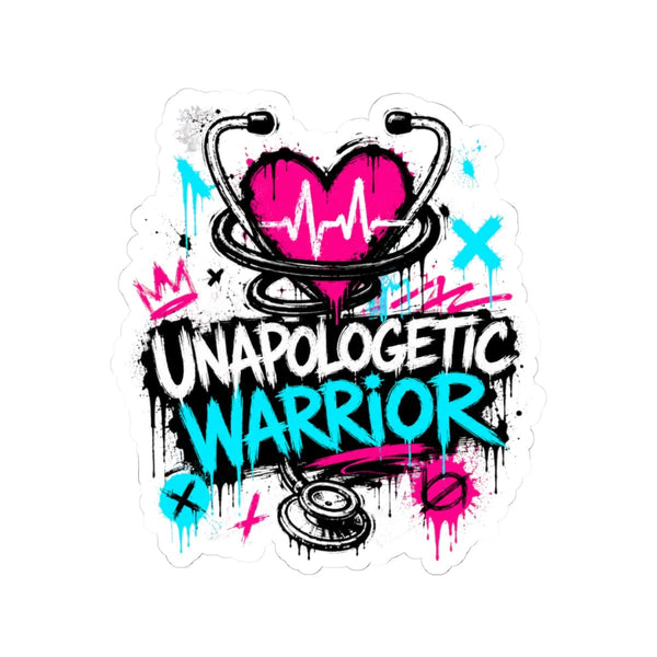 Unapologetic Warrior sticker with graffiti-style stethoscope heart design, on laptop