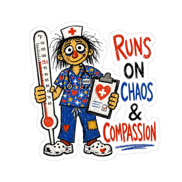 Nurse sticker with thermometer, chart and Runs on Chaos and Compassion quote