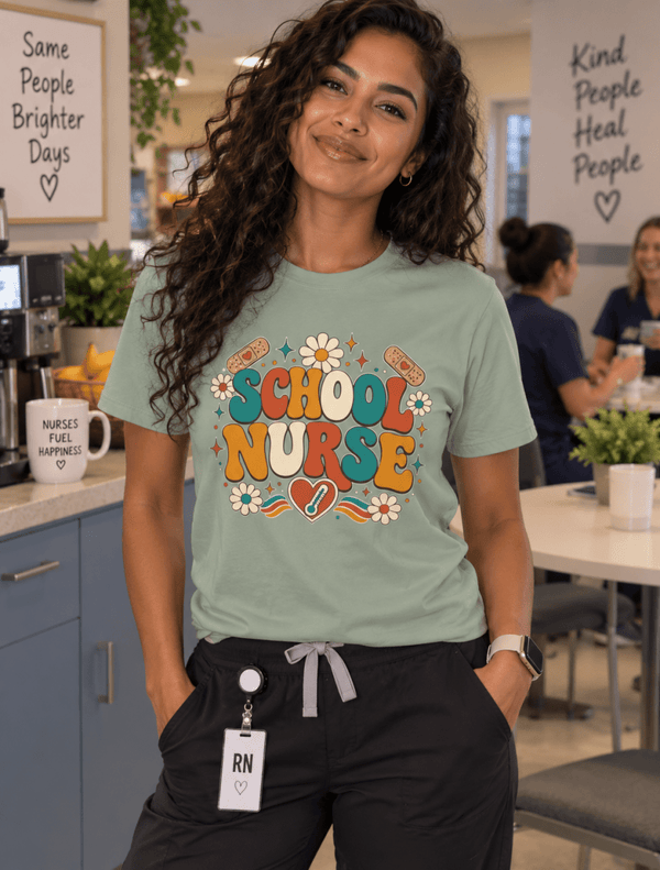 Retro School Nurse Shirt with 1970s lettering, daisies and thermometer heart design, front view