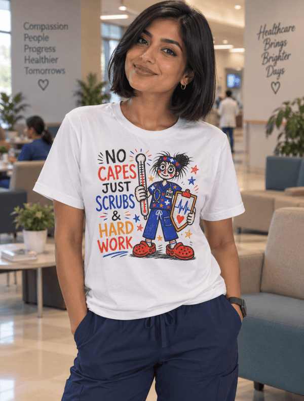 Funny Nurse Shirt with No Capes Just Scrubs and Hard Work design, RN character, thermometer and clipboard, front view