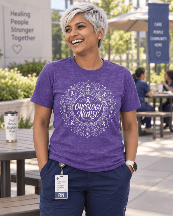 Oncology Nurse Shirt with mandala design featuring awareness ribbons and lanterns, front view