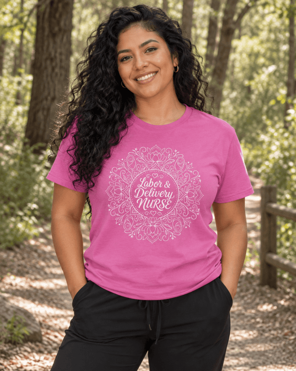 Labor and Delivery Nurse Shirt with mandala design featuring swaddled babies and lotus flowers, front view