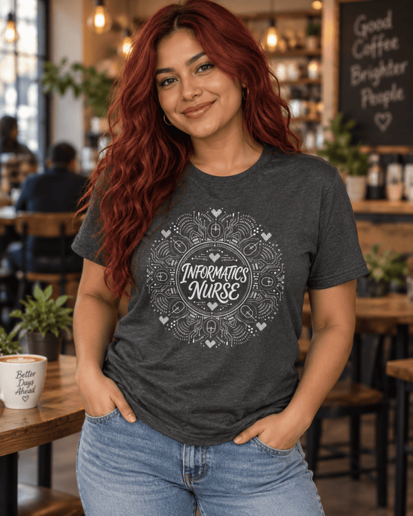 Informatics Nurse Shirt with mandala design featuring circuit pathways and digital hearts, front view