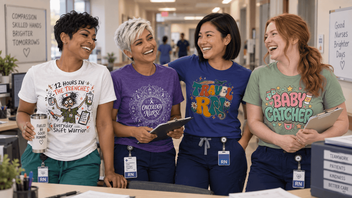Four women in a bright, modern healthcare office wearing colorful graphic t-shirts and navy scrubs, laughing and holding tablets. Their shirts feature humorous medical-themed designs like '12 Hours in the trenches' and 'Baby Catcher'.