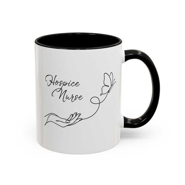 White and black Hospice Nurse mug with minimalist hand and butterfly line-art design