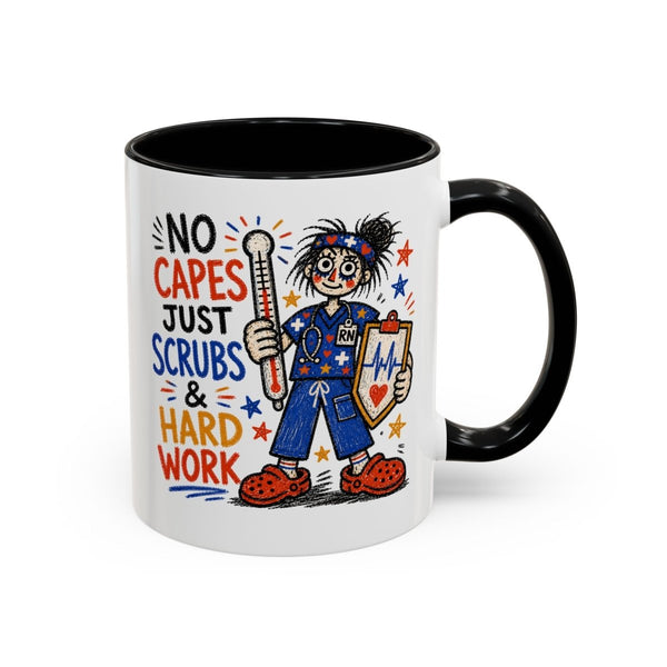White and black nurse mug with No Capes Just Scrubs & Hard Work text and colorful nurse illustration