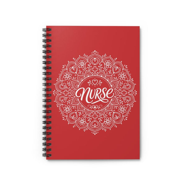 Red Nurse spiral notebook with white mandala, hearts, medical crosses, and floral nursing design
