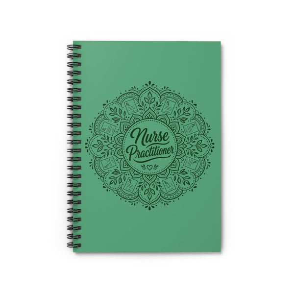 Green Nurse Practitioner spiral notebook with botanical mandala, prescription bottles, leaves, and heart details