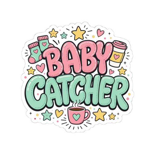 Baby Catcher sticker with baby socks and coffee mug design, L&D nurse gift, on laptop