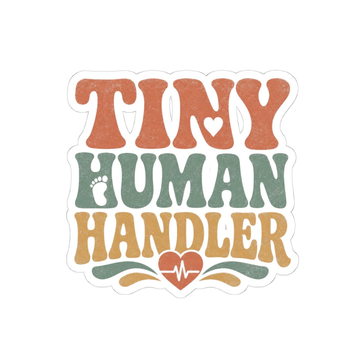 Tiny Human Handler sticker with retro wavy lettering and heartbeat design, on laptop