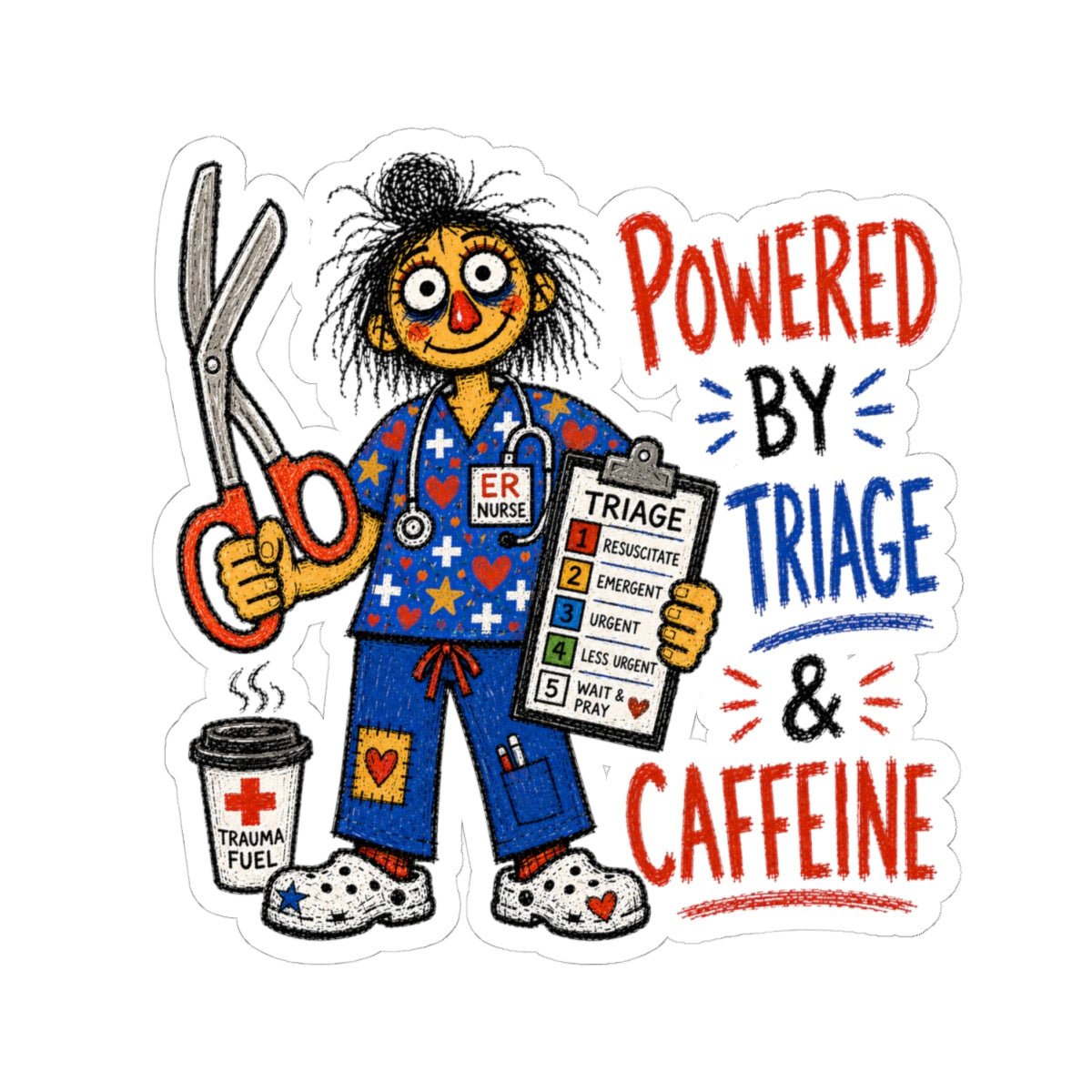 ER Nurse sticker with trauma shears, triage list and Powered by Triage and Caffeine quote