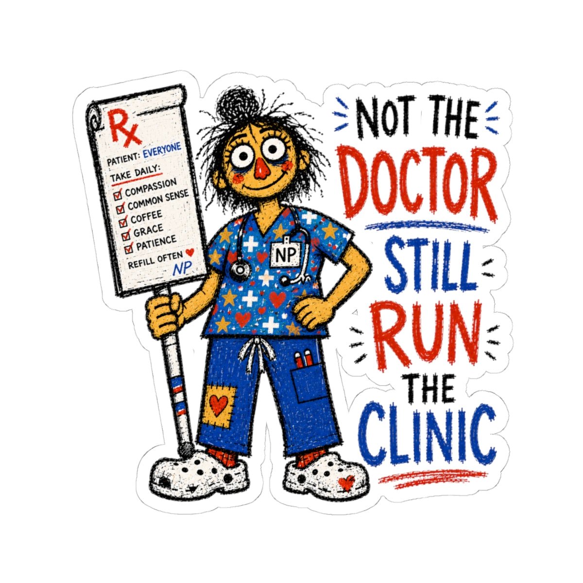Nurse Practitioner sticker with prescription pad and Not the Doctor Still Run the Clinic quote