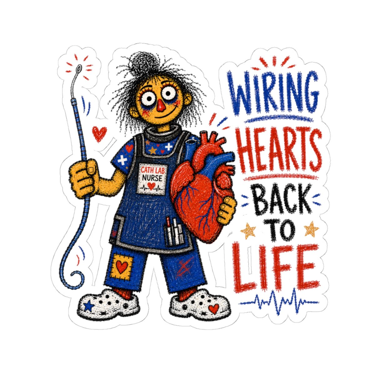 Cath Lab Nurse sticker with catheter wire, heart and Wiring Hearts Back to Life quote
