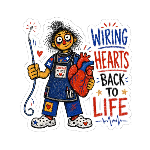 Cath Lab Nurse sticker with catheter wire, heart and Wiring Hearts Back to Life quote
