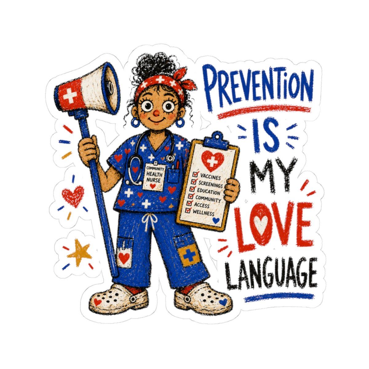 Community Health Nurse sticker with megaphone, outreach checklist and Prevention Is My Love Language quote