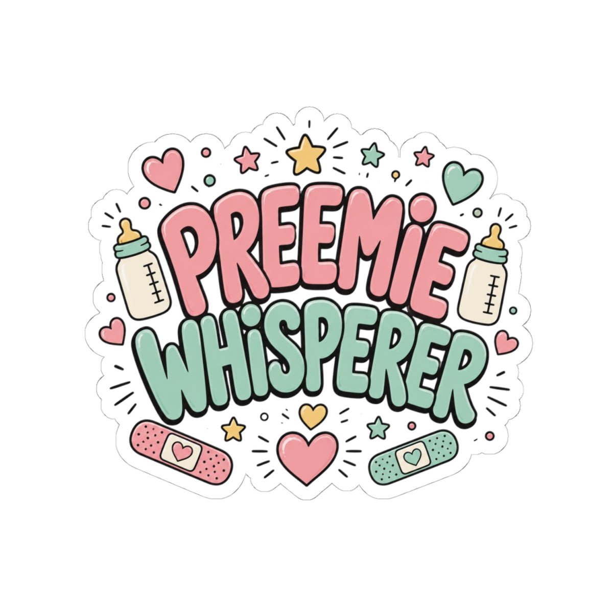 Preemie Whisperer sticker with baby bottle and bandage design, NICU nurse gift, on laptop