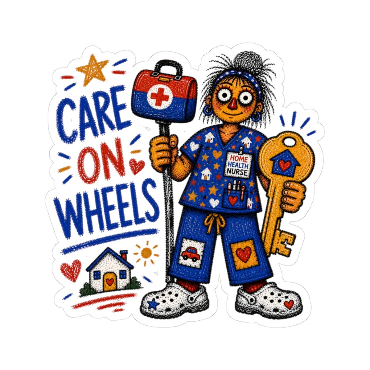 Home Health Nurse sticker with medical bag, house key and Care on Wheels quote