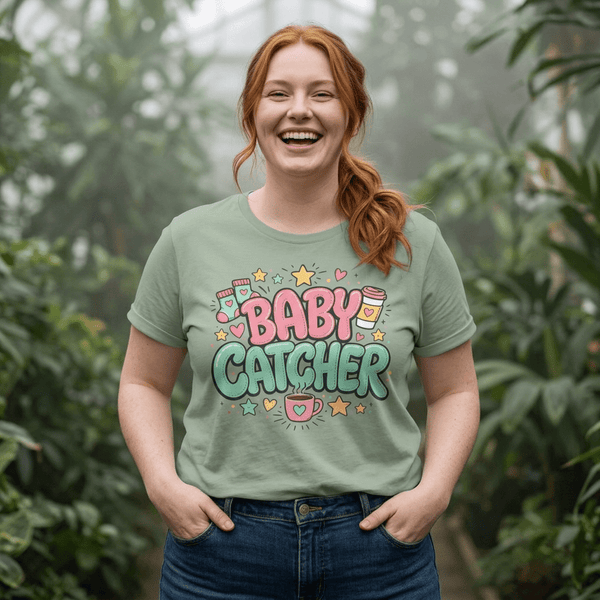 Baby Catcher Nurse Shirt with pink and mint bubble lettering, baby socks and coffee cup design, front view