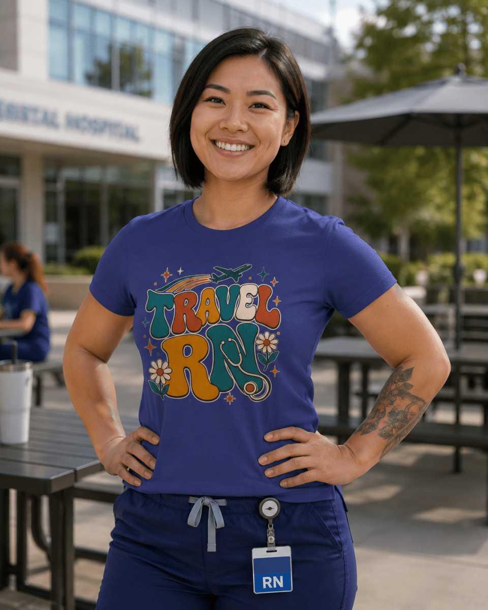 Retro Travel Nurse Shirt with 1970s lettering, airplane and stethoscope design, front view