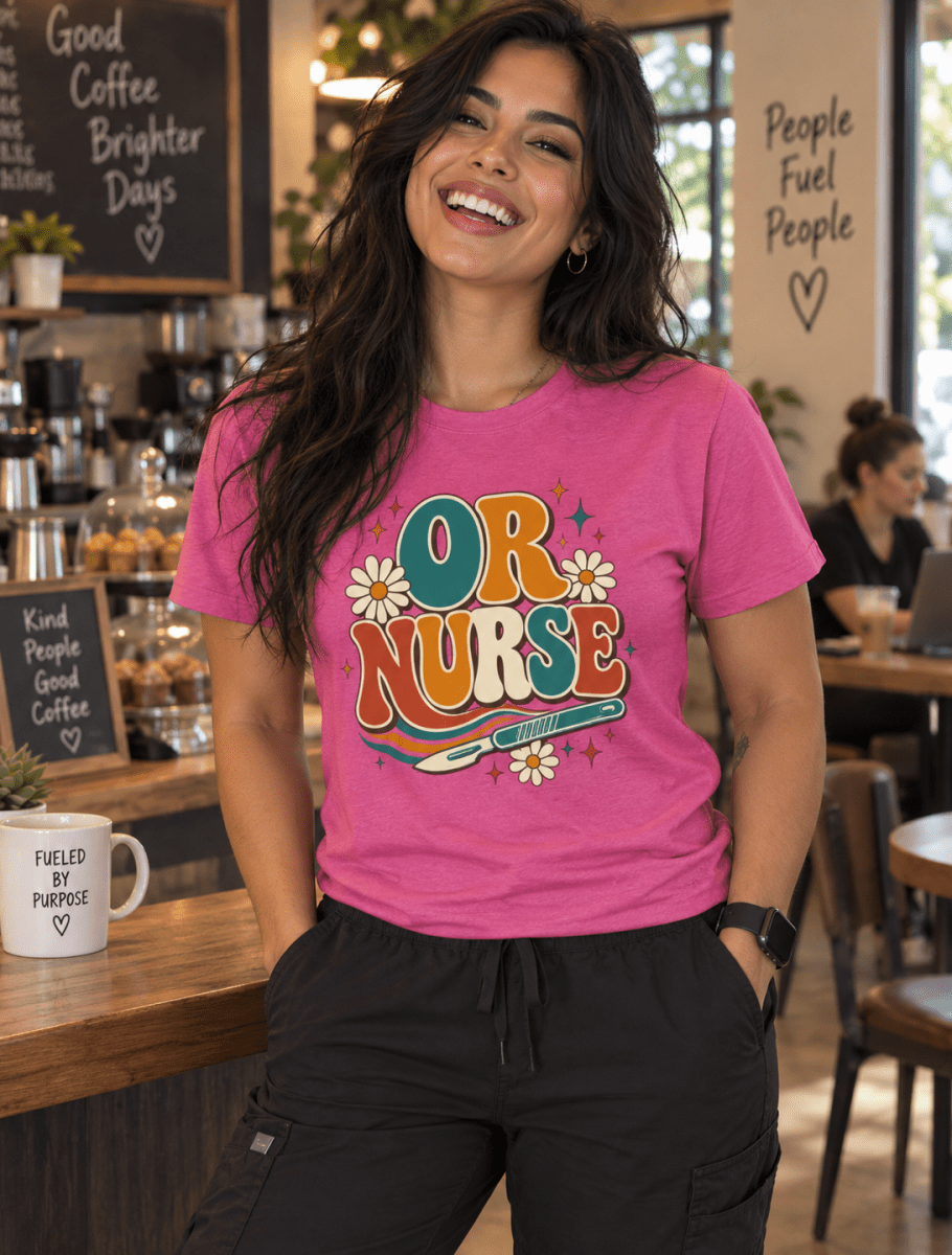 Retro OR Nurse Shirt with 1970s lettering, daisies and surgical scalpel design, front view