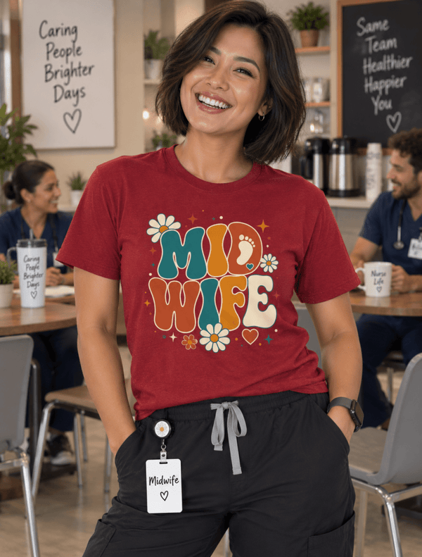 Retro Midwife Shirt with 1970s lettering, daisies and baby footprint design, front view