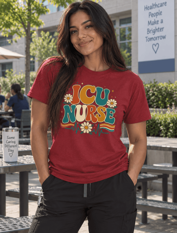Retro ICU Nurse Shirt with 1970s lettering, daisies and EKG design, front view