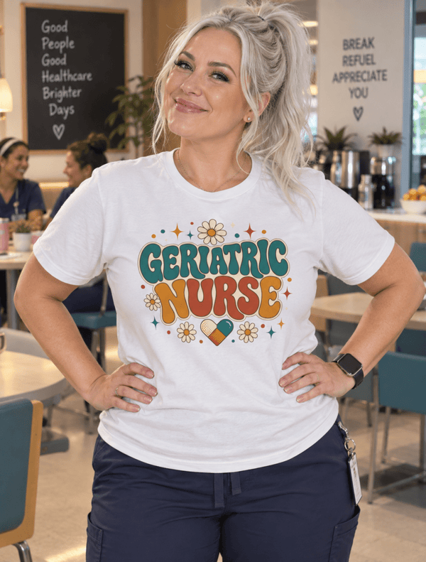Retro Geriatric Nurse Shirt with 1970s lettering, daisies and bandage graphic, front view