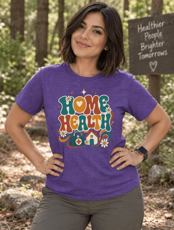 Retro Home Health Nurse Shirt with 1970s lettering, daisies and medical bag design, front view