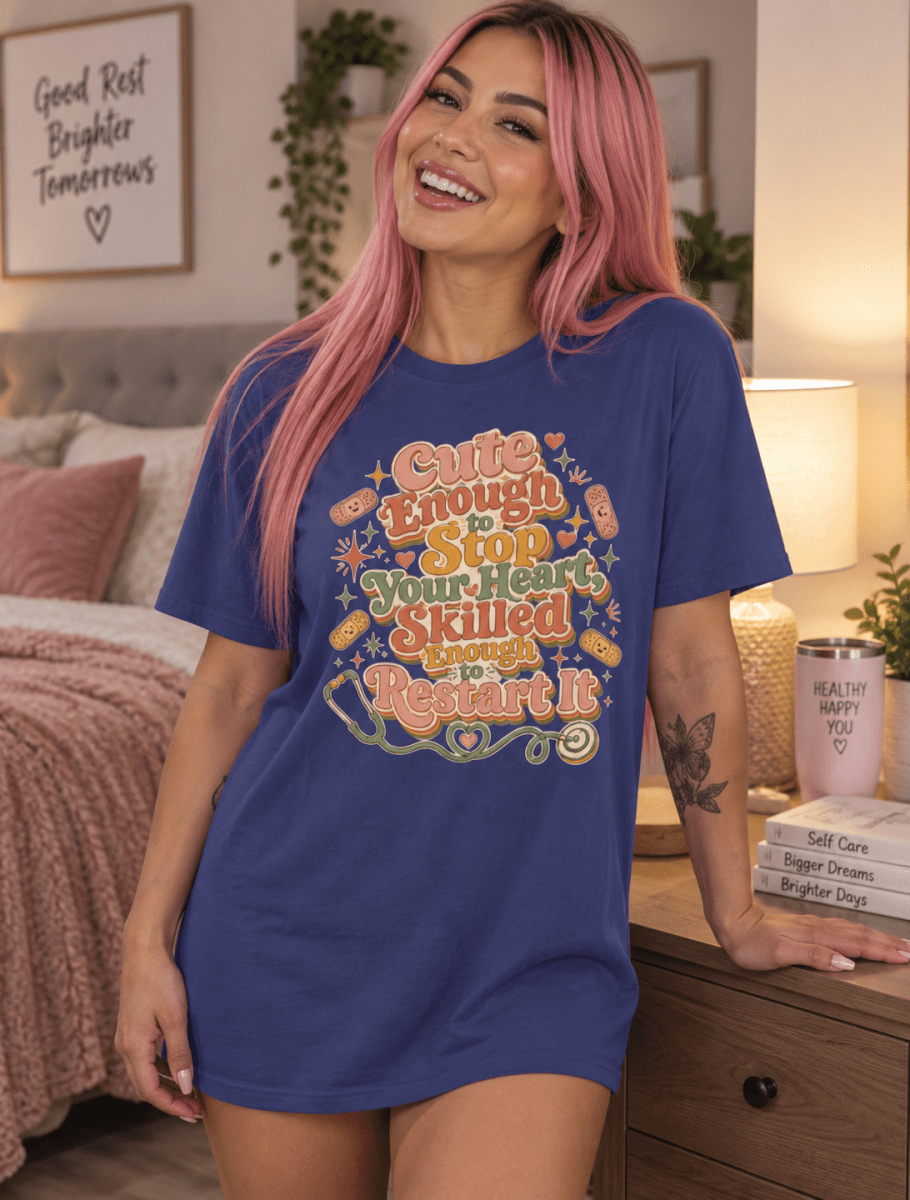 Funny Nurse Shirt with Cute Enough to Stop Your Heart design, bandages and stethoscope, front view