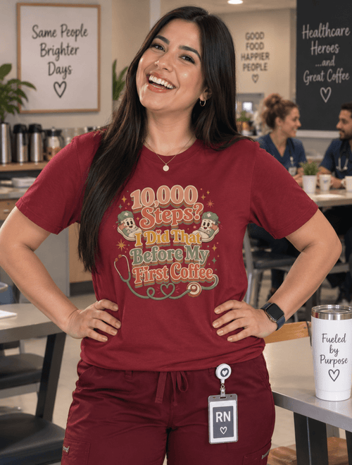 Funny Nurse Shirt with 10,000 Steps Before My First Coffee design, nurse shoes and stethoscope, back view