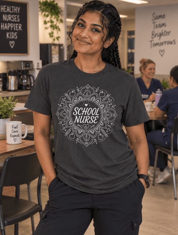 School Nurse Shirt with mandala design featuring apples, pencils and hearts, front view