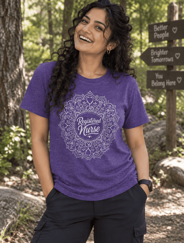 Registered Nurse Shirt with mandala design featuring stethoscopes, bandages and hearts, front view