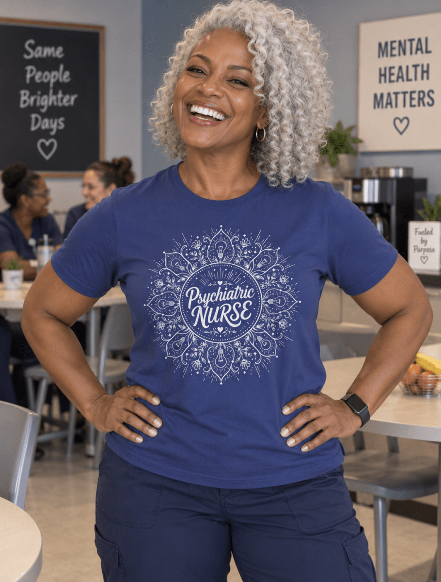 Psychiatric Nurse Shirt with mandala design featuring light bulbs and hearts, front view