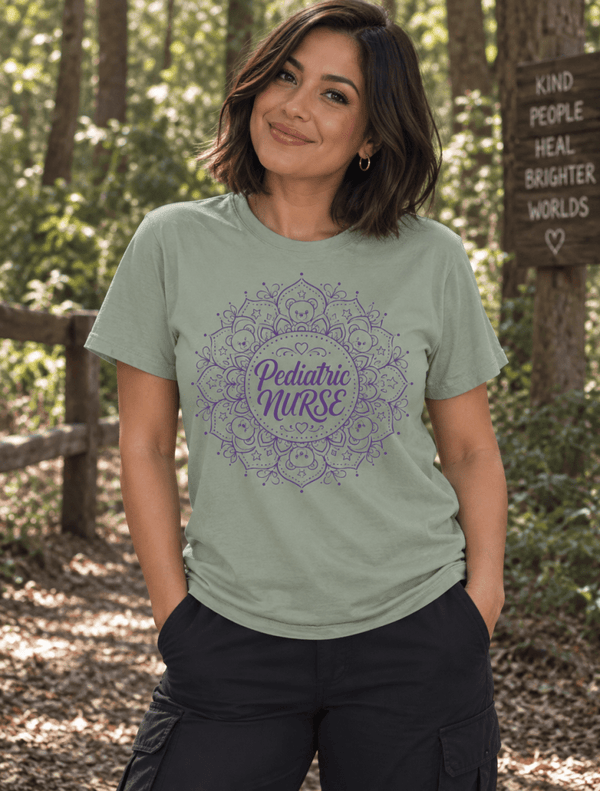 Pediatric Nurse Shirt with mandala design featuring teddy bears, hearts and stars, front view
