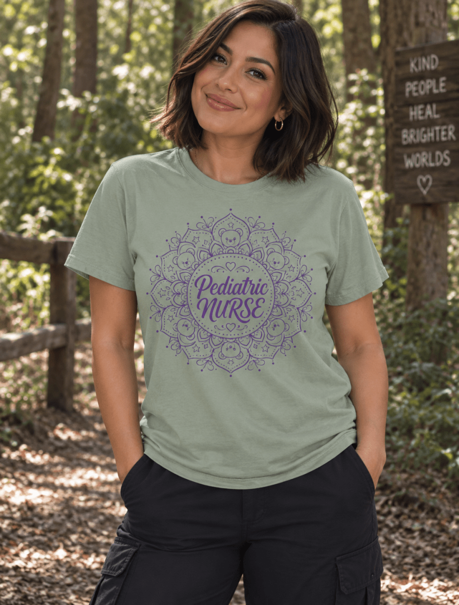 Pediatric Nurse Shirt with mandala design featuring teddy bears, hearts and stars, front view