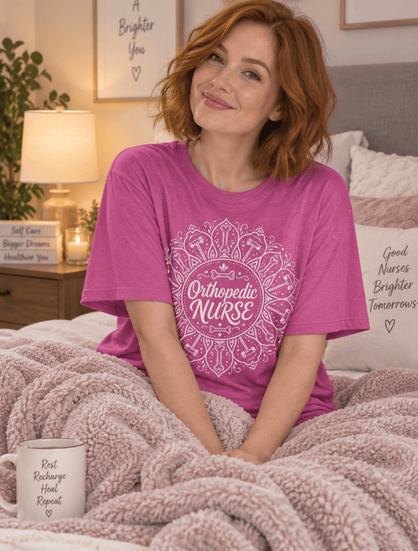 Orthopedic Nurse Shirt with mandala design featuring bones and orthopedic hammers, front view