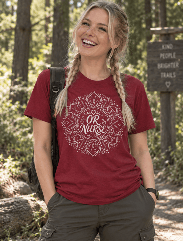 OR Nurse Shirt with mandala design featuring surgical scissors and hearts, front view