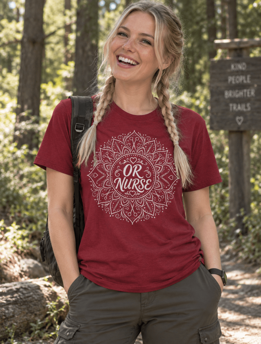 OR Nurse Shirt with mandala design featuring surgical scissors and hearts, front view