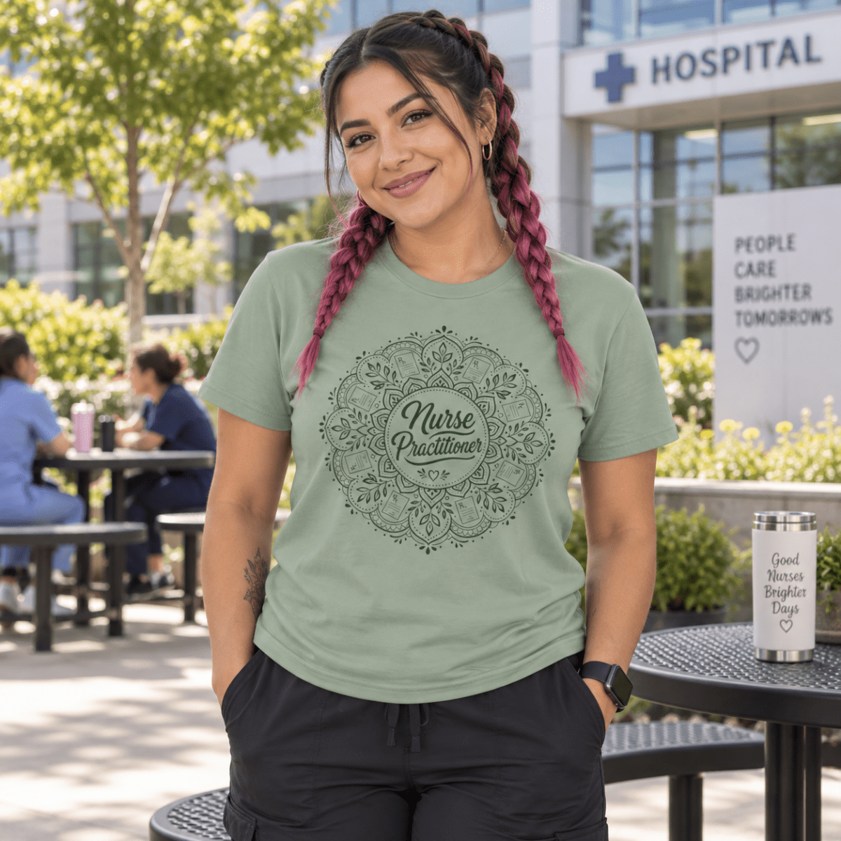 Nurse Practitioner Shirt with mandala design featuring prescription pads and hearts, front view