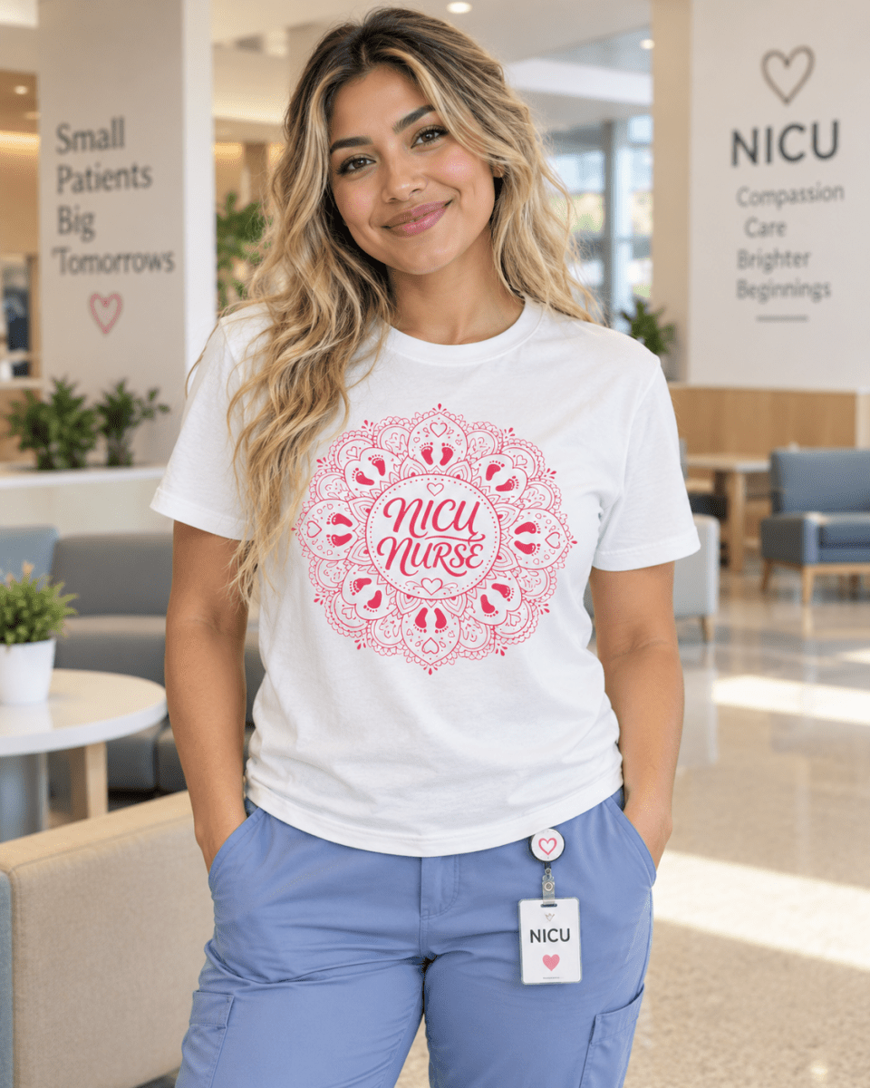 NICU Nurse Shirt with mandala design featuring tiny baby footprints and hearts, front view