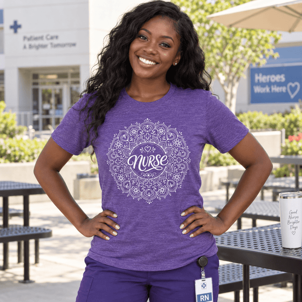 Nurse Shirt with mandala design featuring hearts, medical crosses and flowers, front view
