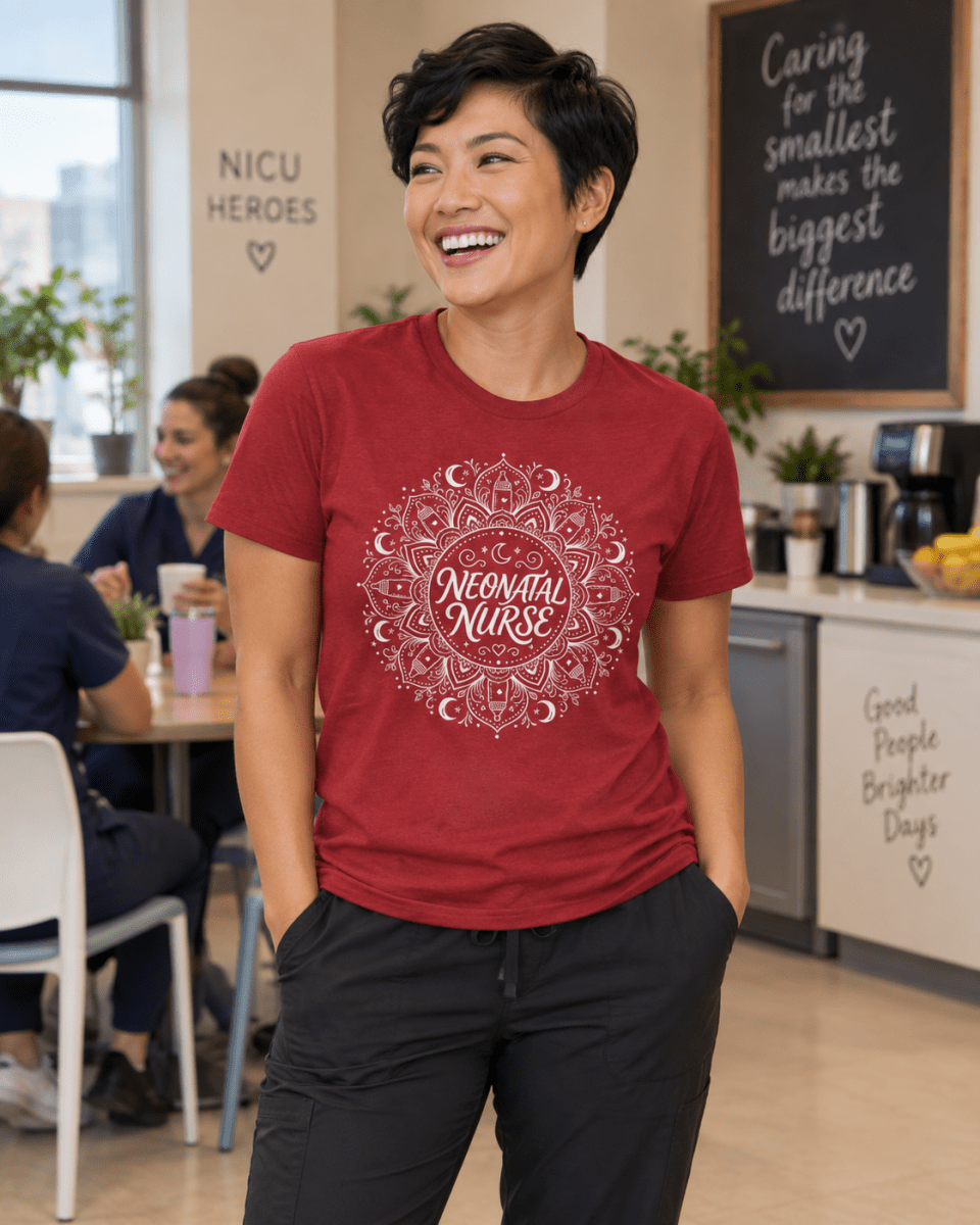 Neonatal Nurse Shirt with mandala design featuring baby bottles, moons and stars, front view