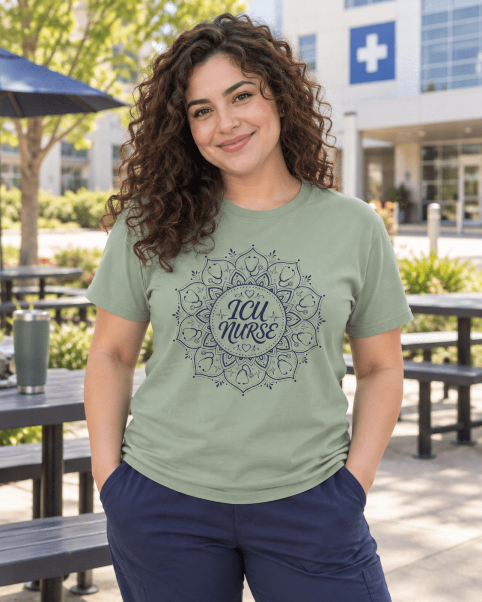 ICU Nurse Shirt with mandala design featuring stethoscopes and heartbeat lines, front view