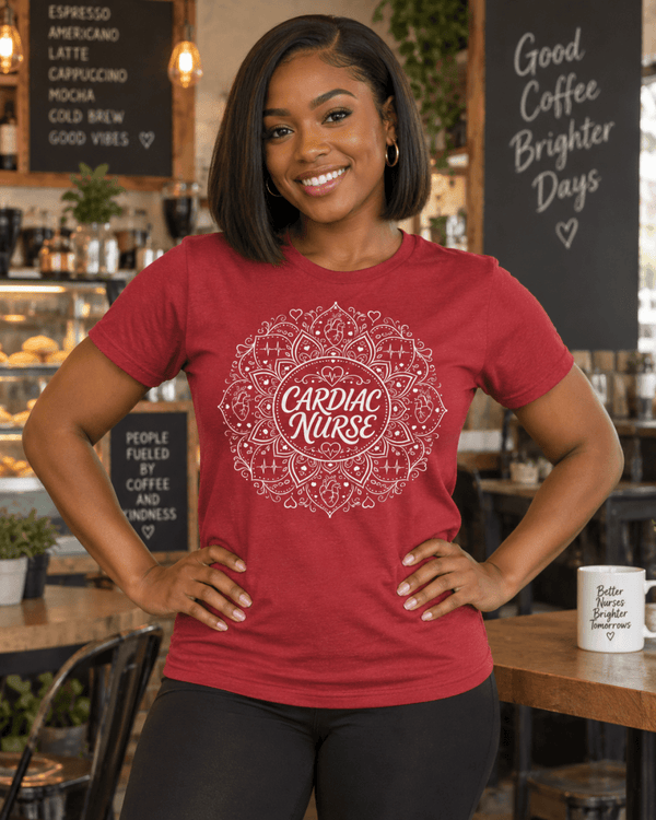 Cardiac Nurse Shirt with mandala heart and EKG design, front view