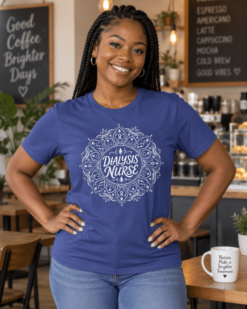 Dialysis Nurse Shirt with mandala renal nursing design, front view
