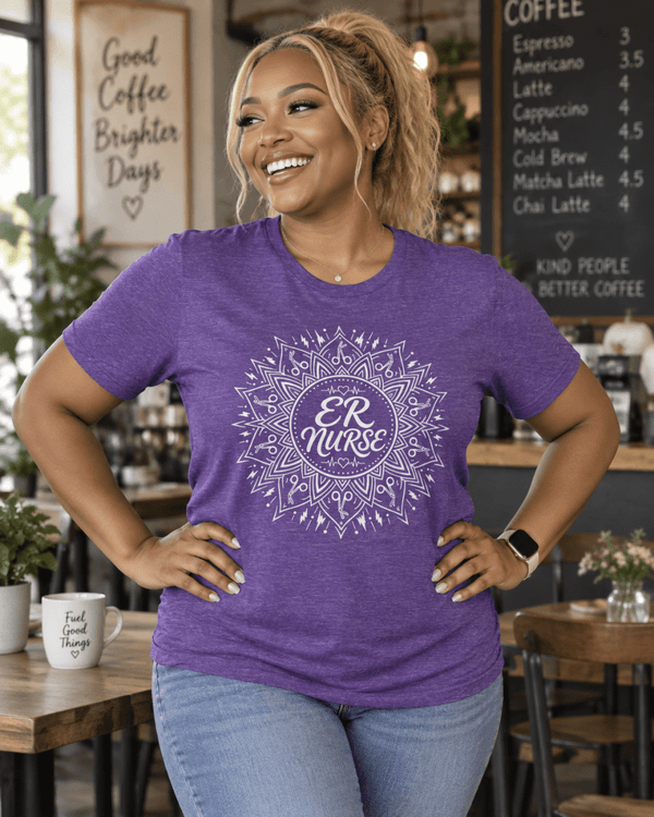 ER Nurse Shirt with mandala design featuring medical shears and heartbeat details, front view