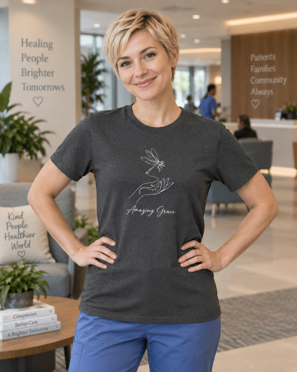 Amazing Grace hospice nurse shirt, front view
