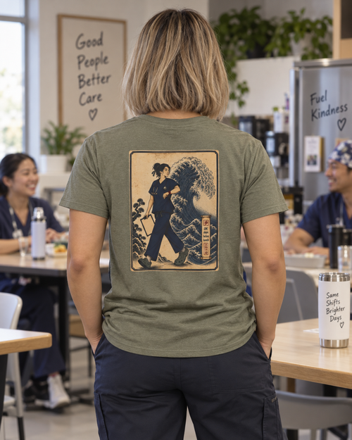 10K Steps Before Lunch 2-sided nurse shirt, front view