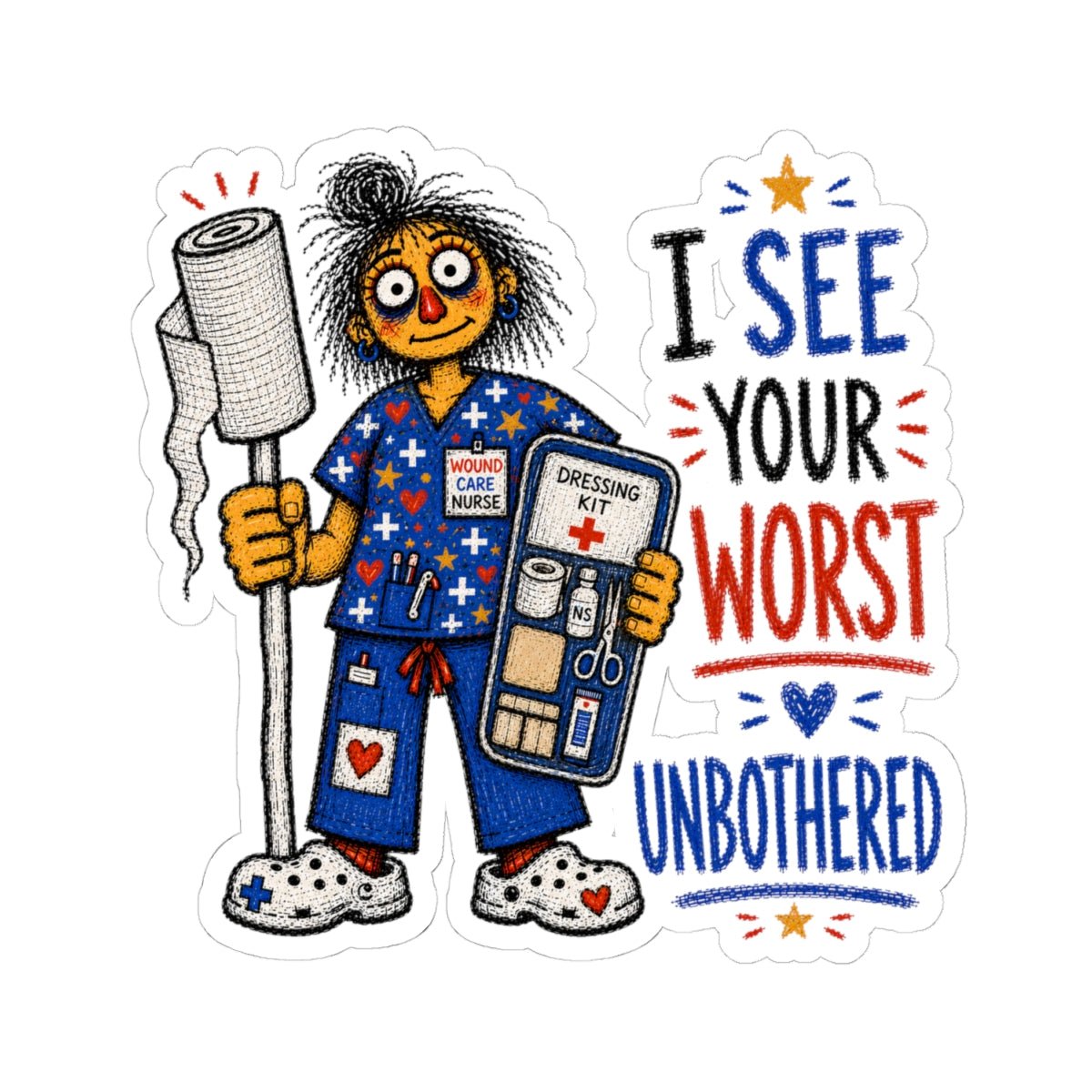 Wound Care Nurse sticker with gauze roll, dressing kit and I See Your Worst Unbothered quote