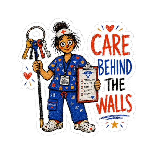 Corrections Nurse sticker with keyring, checklist and Care Behind the Walls quote